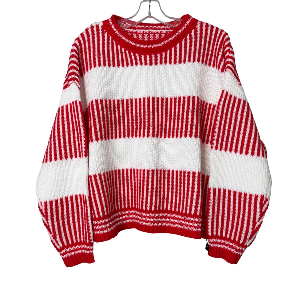 Zaful Striped Sweater Women Large Red White Chunky Knit Crew Neck Preppy Holiday